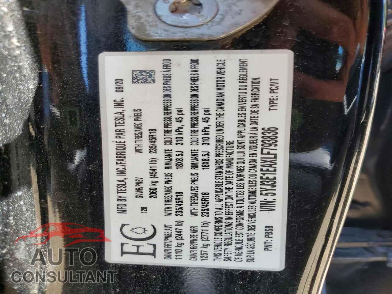 TESLA MODEL 3 2020 - 5YJ3E1EAXLF793836