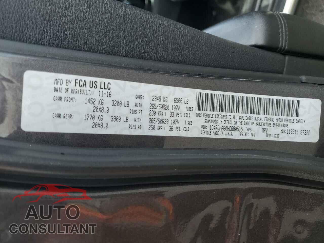 DODGE DURANGO 2017 - 1C4RDHAG0HC680515