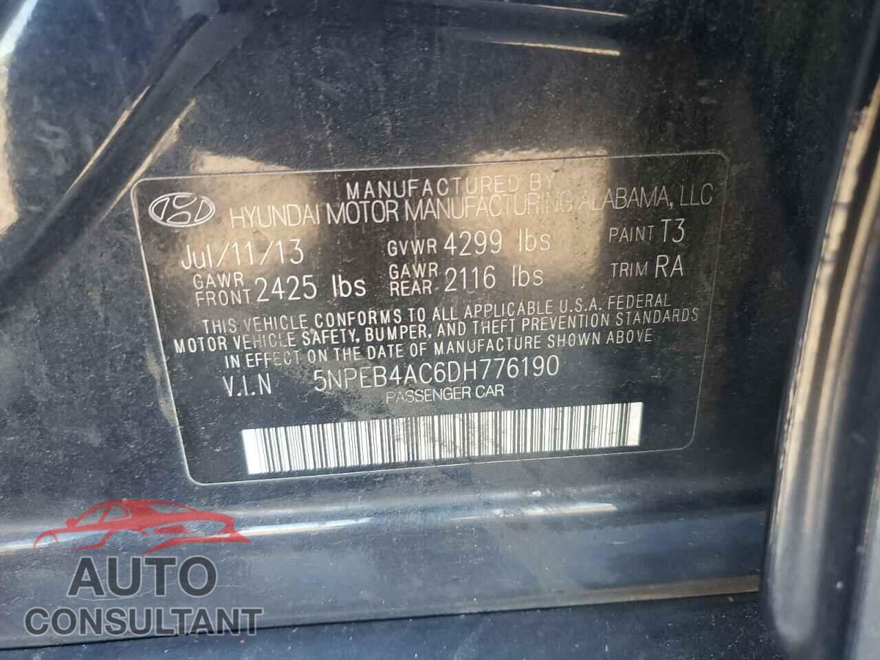 HYUNDAI SONATA 2013 - 5NPEB4AC6DH776190