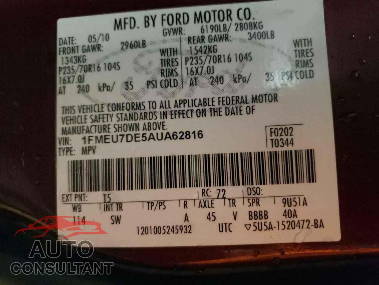 FORD EXPLORER 2010 - 1FMEU7DE5AUA62816