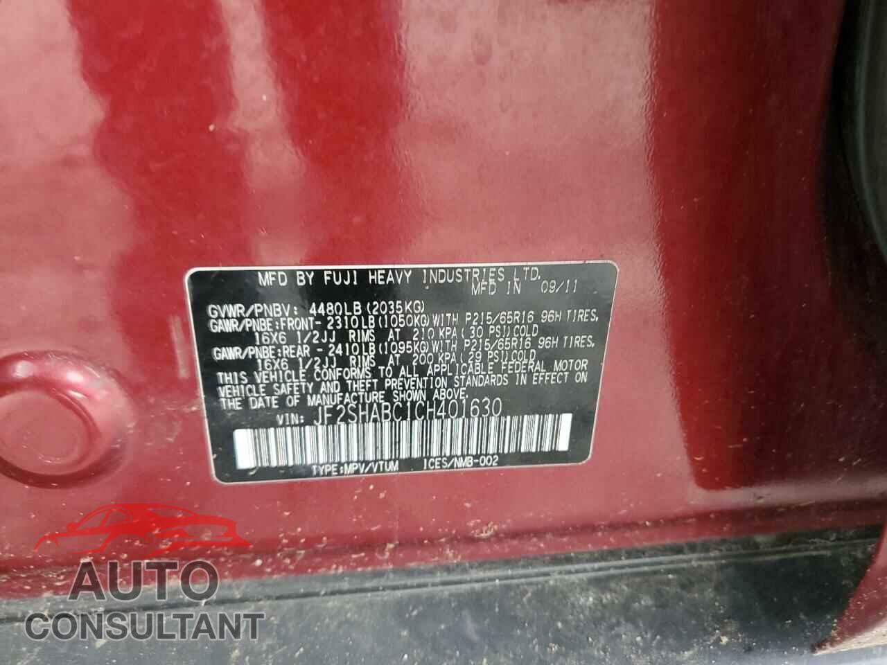 SUBARU FORESTER 2012 - JF2SHABC1CH401630