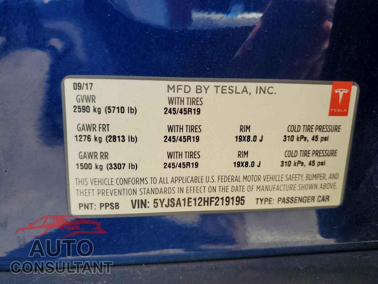 TESLA MODEL S 2017 - 5YJSA1E12HF219195