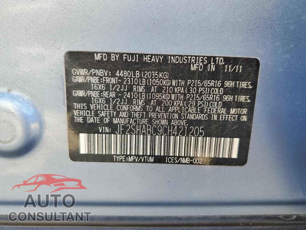 SUBARU FORESTER 2012 - JF2SHABC9CH421205
