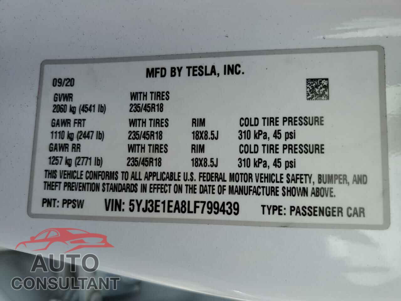 TESLA MODEL 3 2020 - 5YJ3E1EA8LF799439