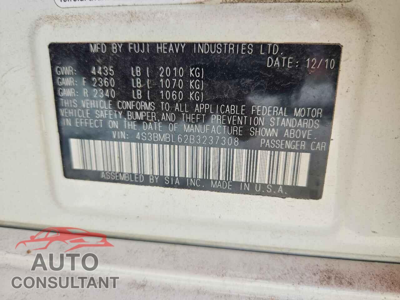 SUBARU LEGACY 2011 - 4S3BMBL62B3237308