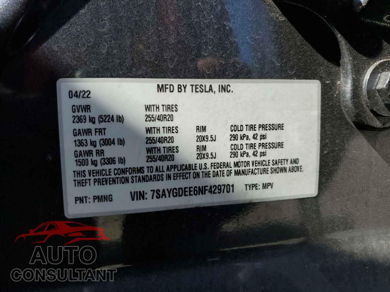 TESLA MODEL Y 2022 - 7SAYGDEE6NF429701