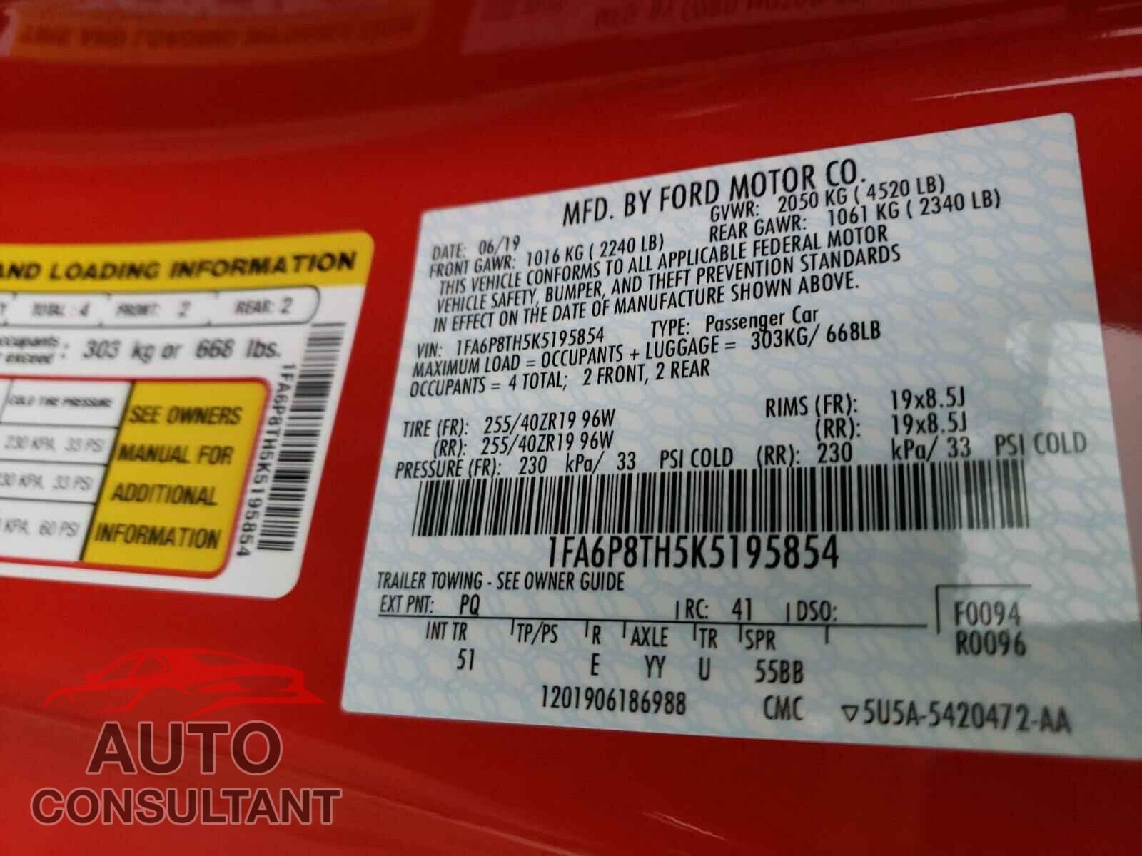FORD MUSTANG 2019 - 1FA6P8TH5K5195854