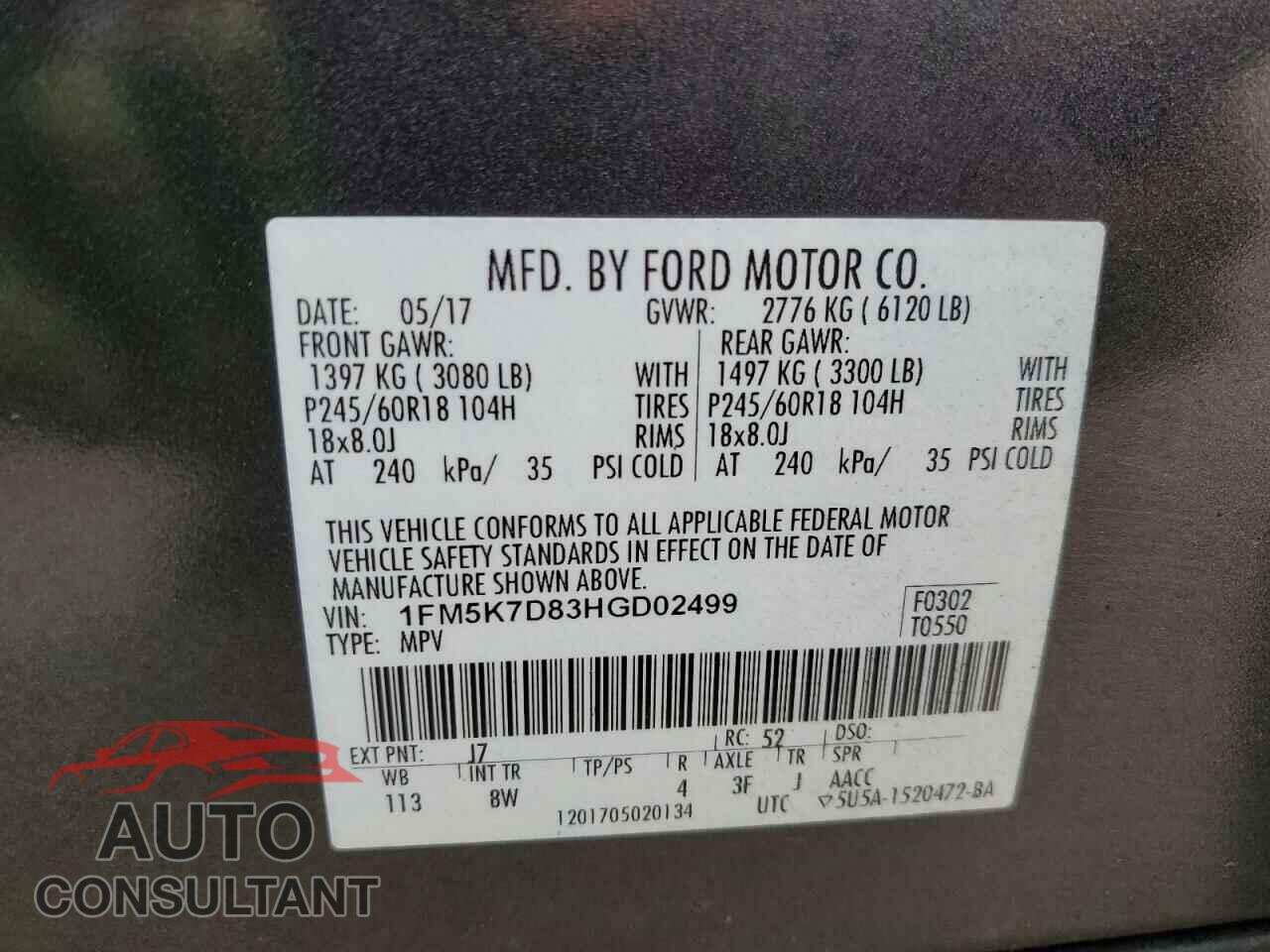 FORD EXPLORER 2017 - 1FM5K7D83HGD02499