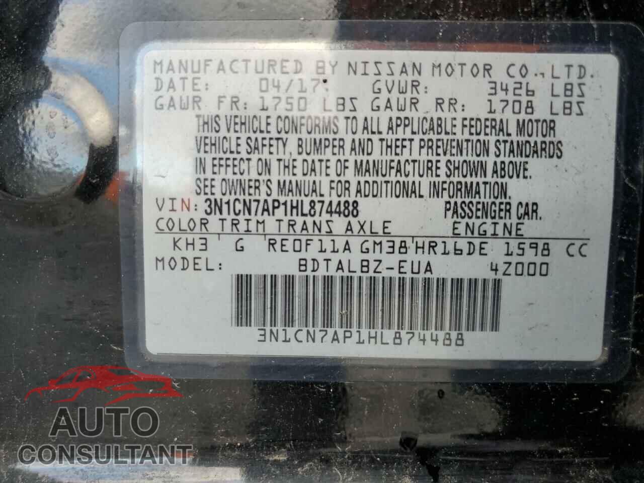NISSAN VERSA 2017 - 3N1CN7AP1HL874488