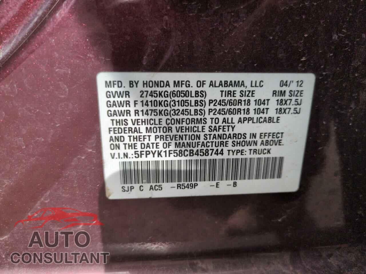 HONDA RIDGELINE 2012 - 5FPYK1F58CB458744