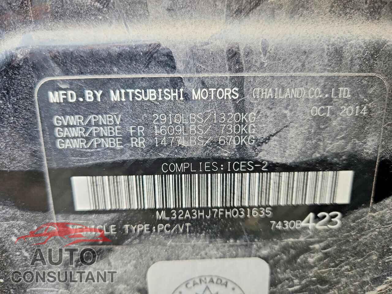MITSUBISHI MIRAGE 2015 - ML32A3HJ7FH031635