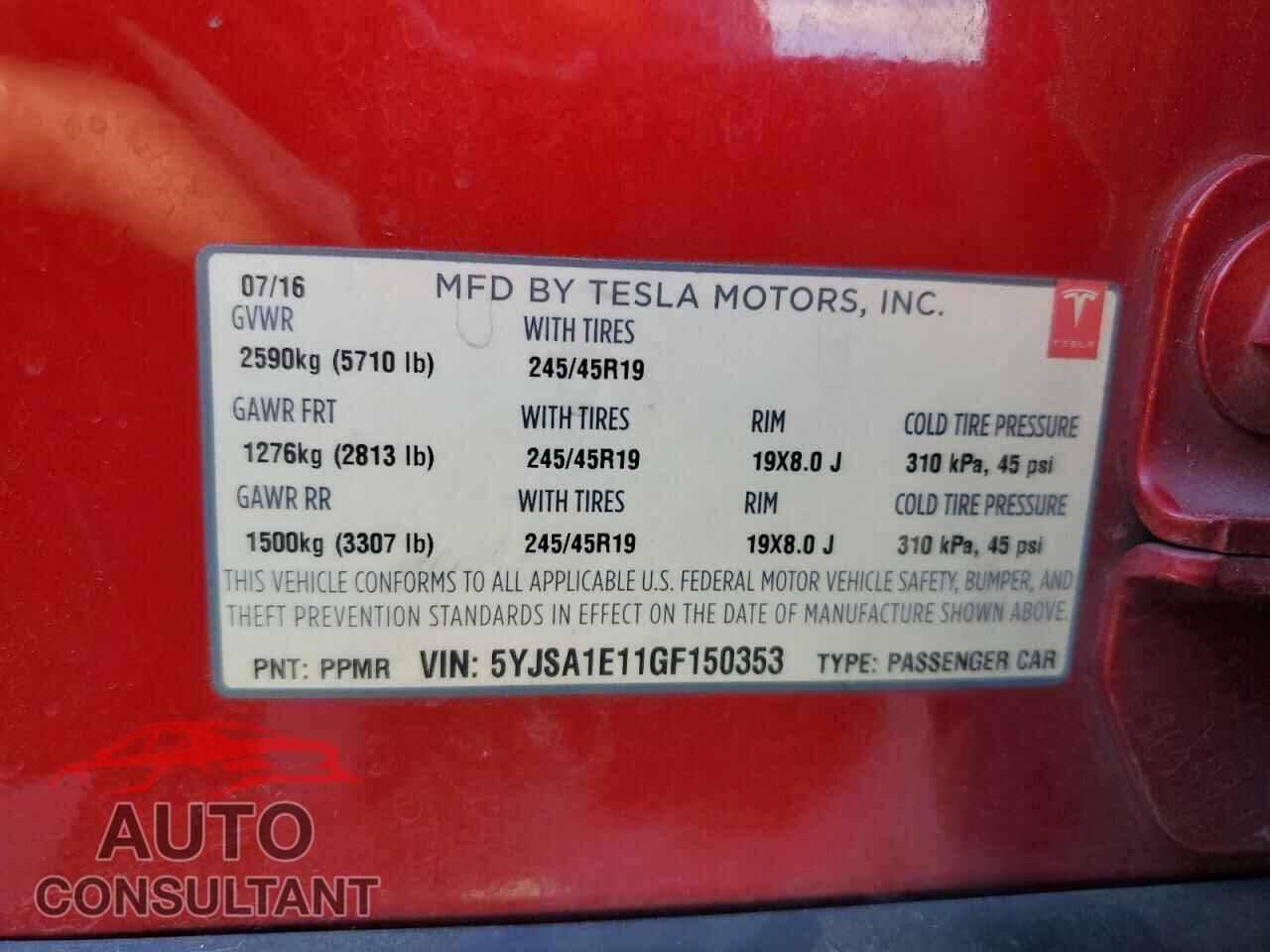 TESLA MODEL S 2016 - 5YJSA1E11GF150353