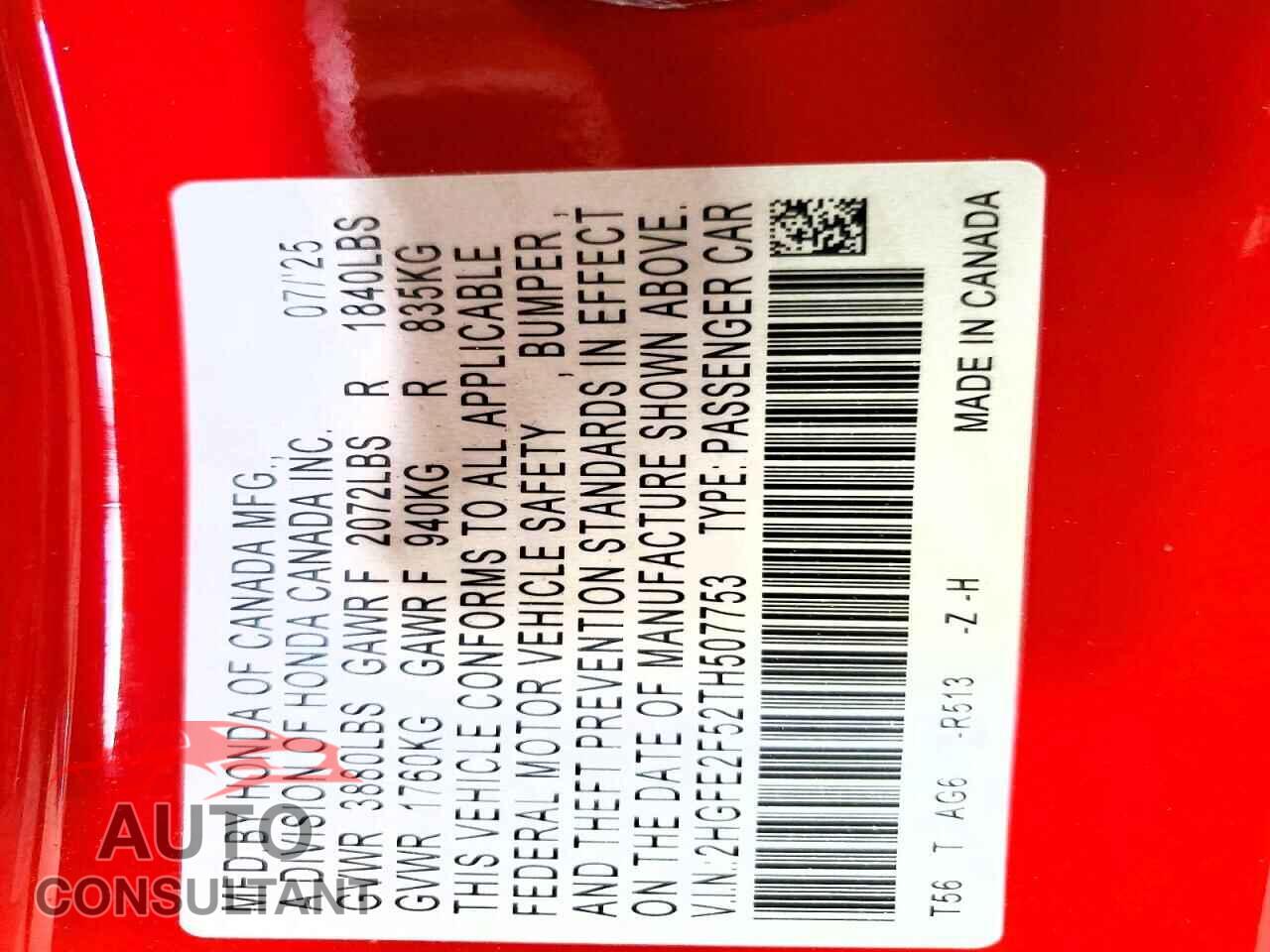 HONDA CIVIC 2026 - 2HGFE2F52TH507753