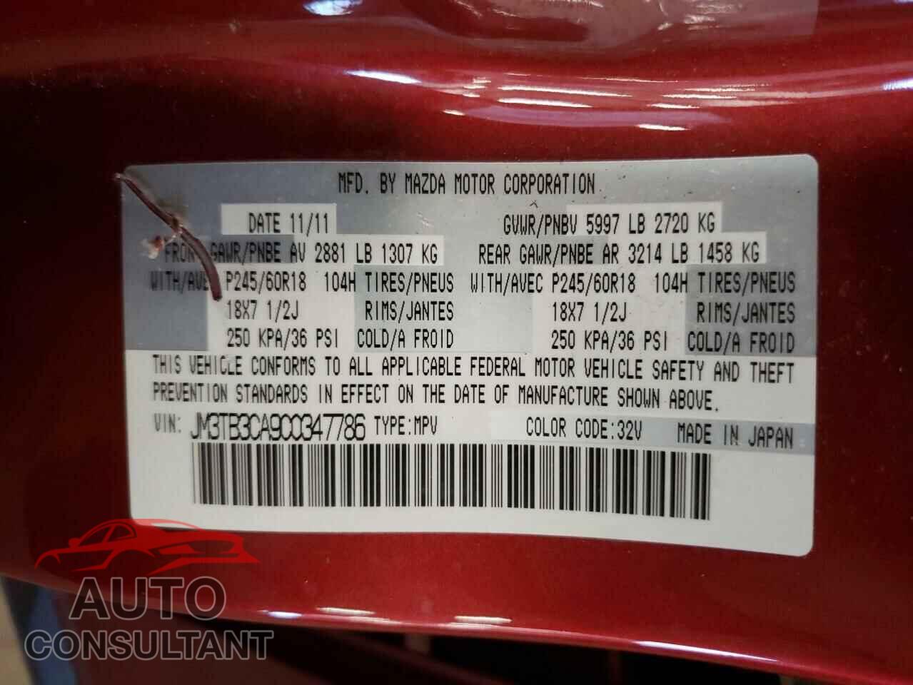 MAZDA CX-9 2012 - JM3TB3CA9C0347786