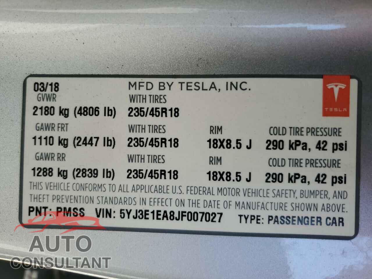 TESLA MODEL 3 2018 - 5YJ3E1EA8JF007027