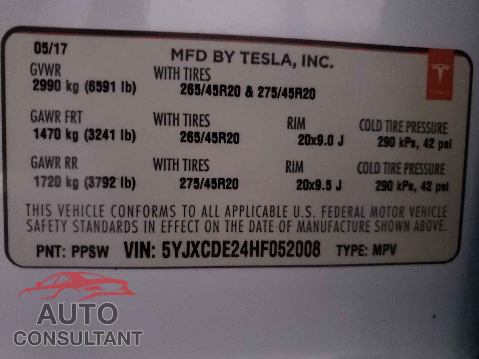 TESLA MODEL X 2017 - 5YJXCDE24HF052008