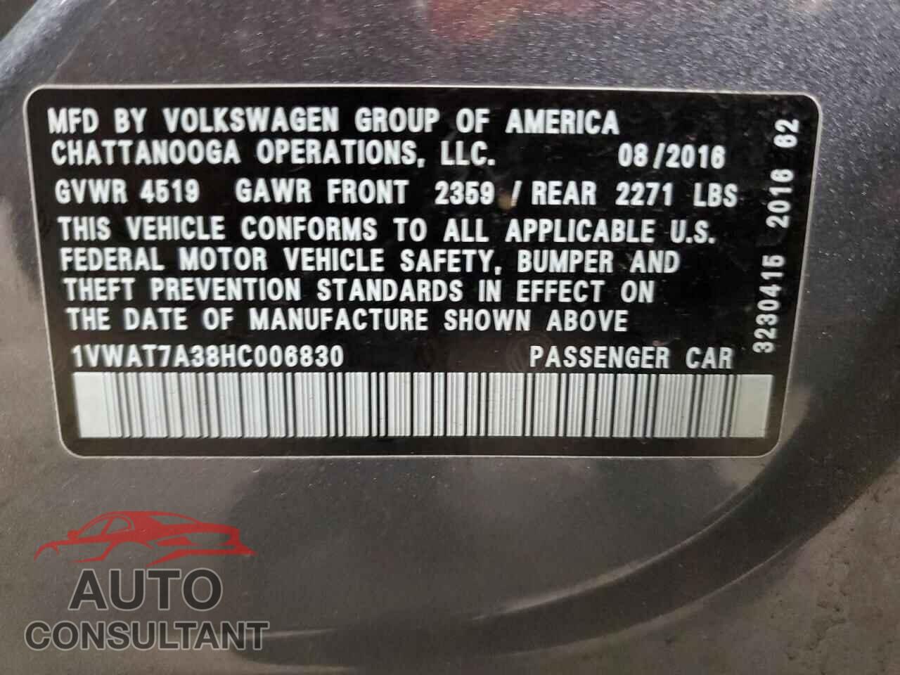 VOLKSWAGEN PASSAT 2017 - 1VWAT7A38HC006830