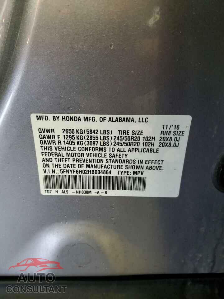 HONDA PILOT 2017 - 5FNYF6H02HB004864