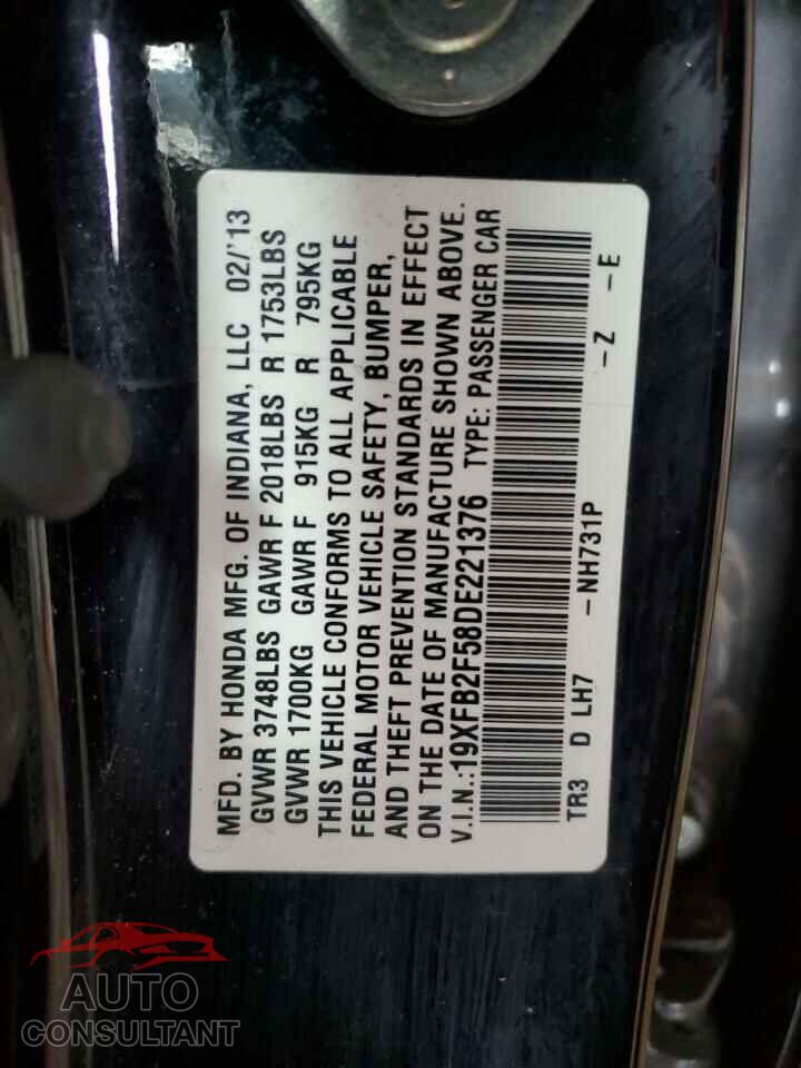 HONDA CIVIC 2013 - 19XFB2F58DE221376