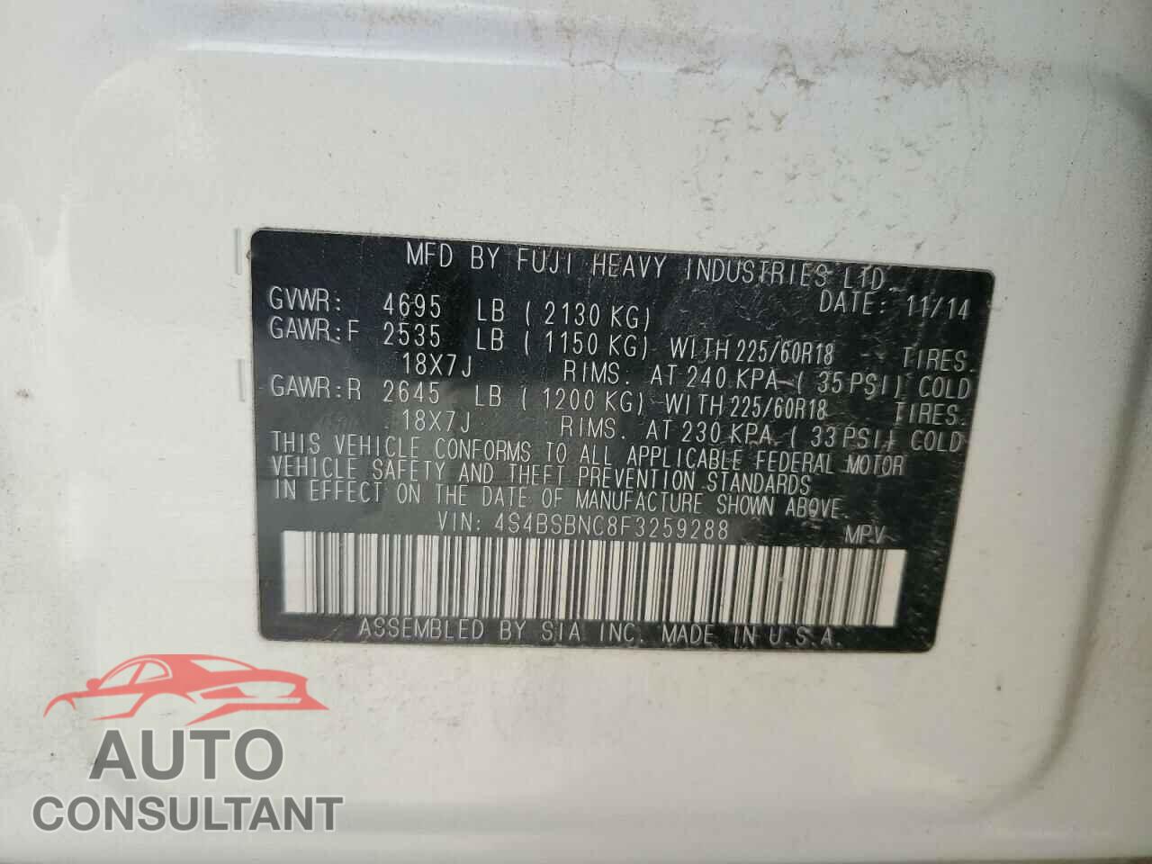 SUBARU OUTBACK 2015 - 4S4BSBNC8F3259288