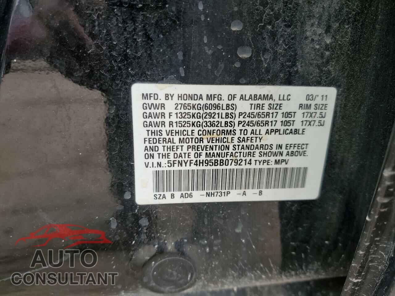 HONDA PILOT 2011 - 5FNYF4H95BB079214