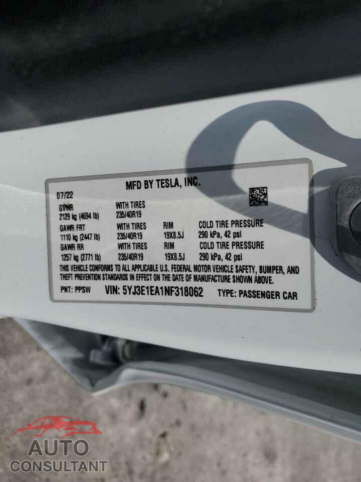 TESLA MODEL 3 2022 - 5YJ3E1EA1NF318062