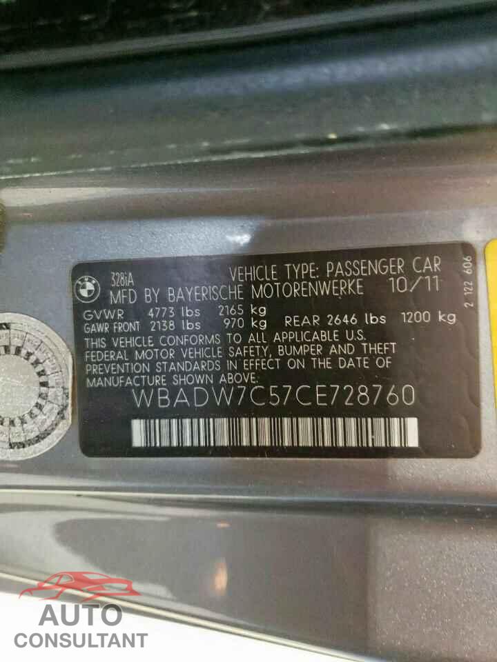 BMW 3 SERIES 2012 - WBADW7C57CE728760