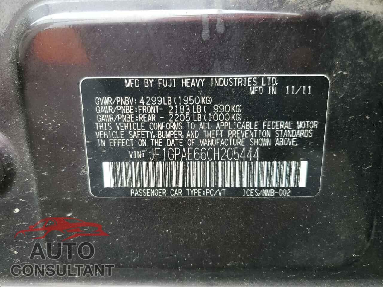 SUBARU IMPREZA 2012 - JF1GPAE66CH205444