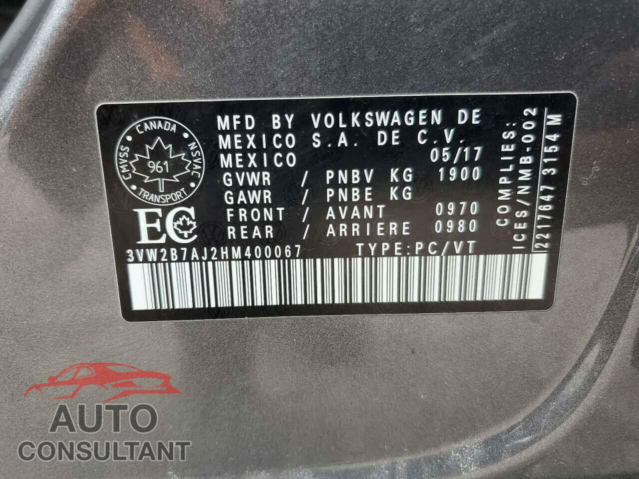 VOLKSWAGEN JETTA 2017 - 3VW2B7AJ2HM400067