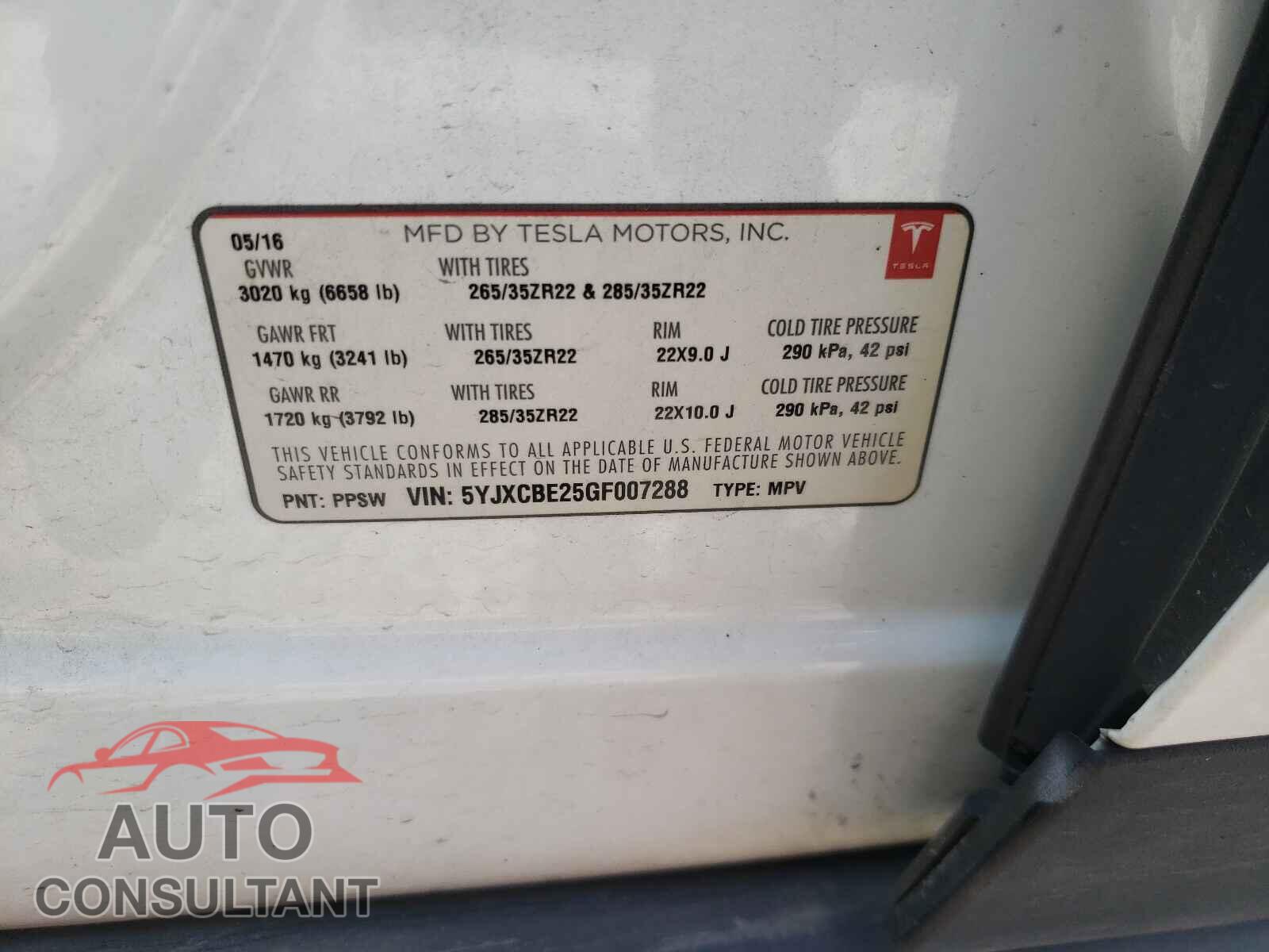 TESLA MODEL X 2016 - 5YJXCBE25GF007288