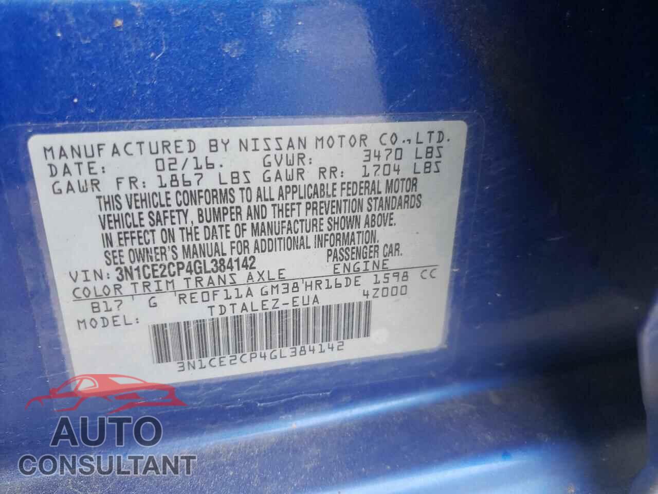 NISSAN VERSA 2016 - 3N1CE2CP4GL384142