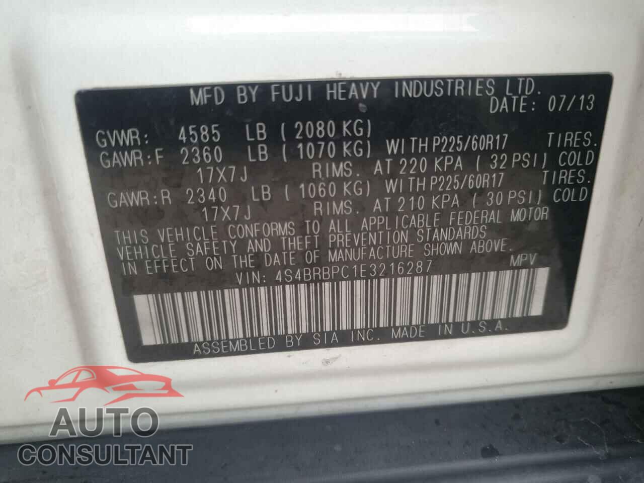 SUBARU OUTBACK 2014 - 4S4BRBPC1E3216287
