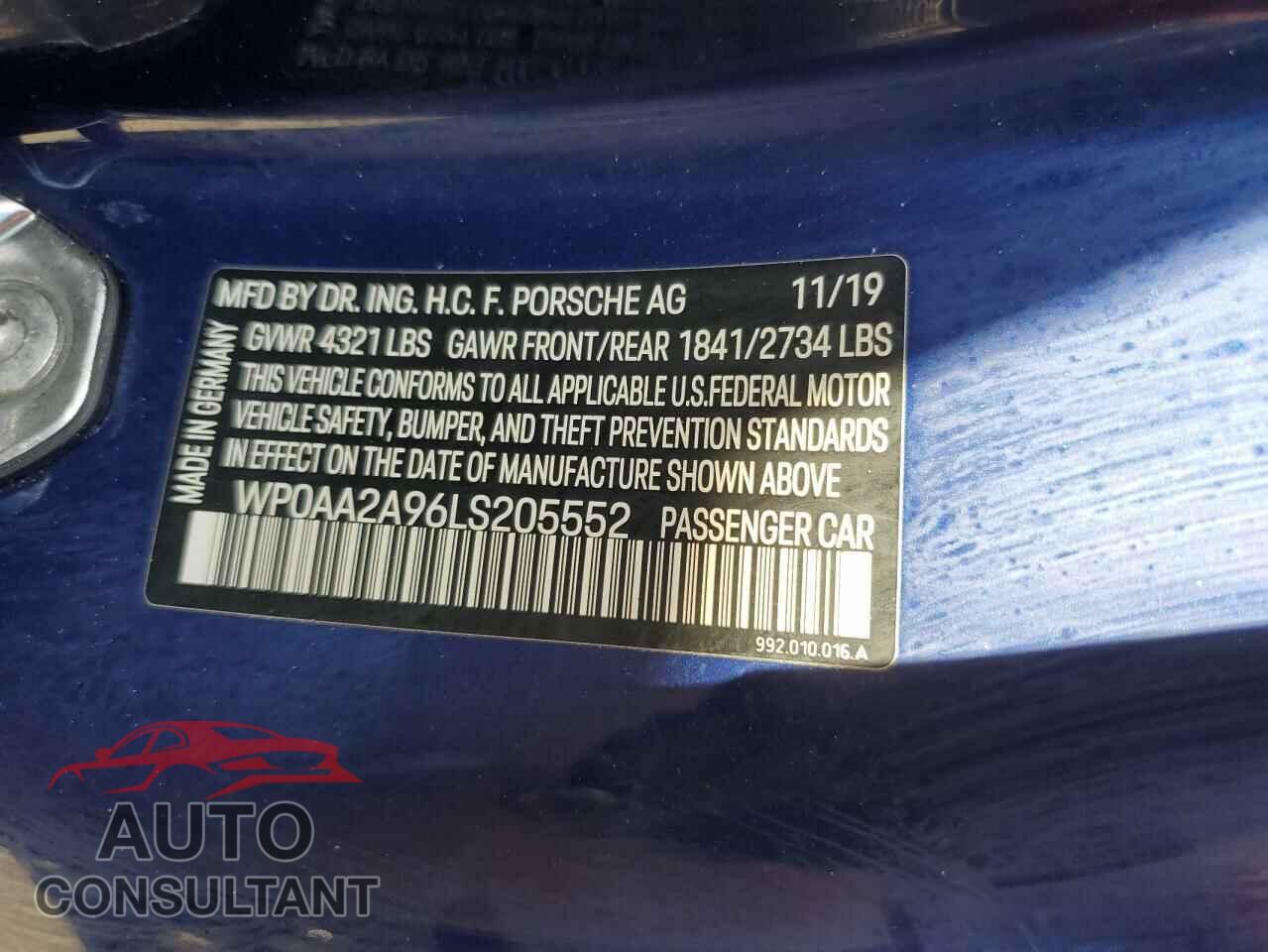 PORSCHE 911 2020 - WP0AA2A96LS205552