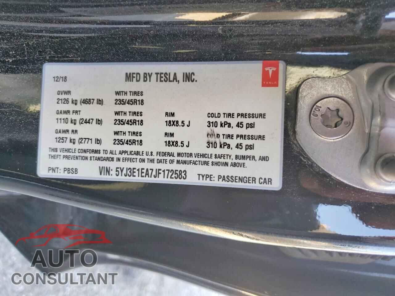 TESLA MODEL 3 2018 - 5YJ3E1EA7JF172583