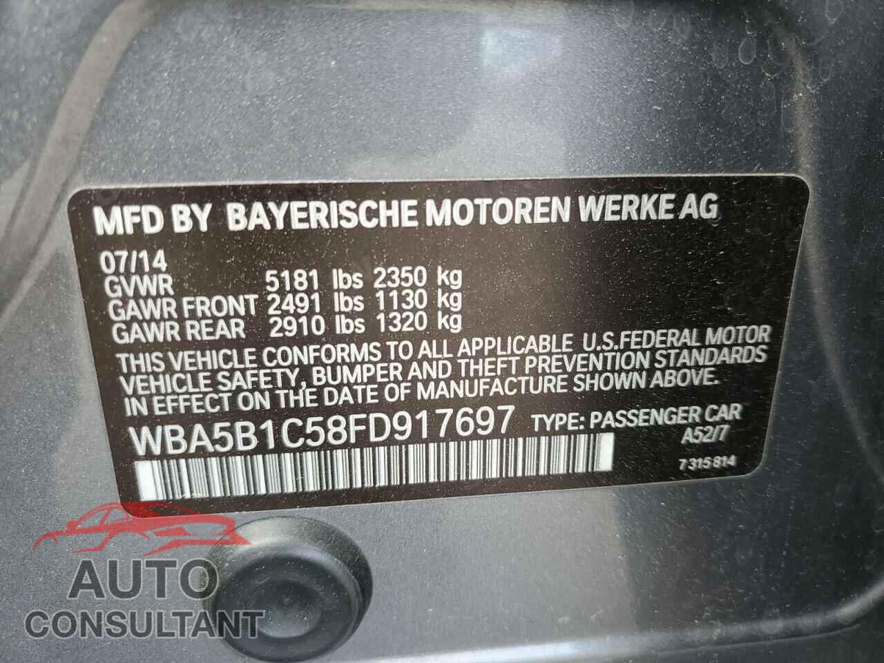 BMW 5 SERIES 2015 - WBA5B1C58FD917697