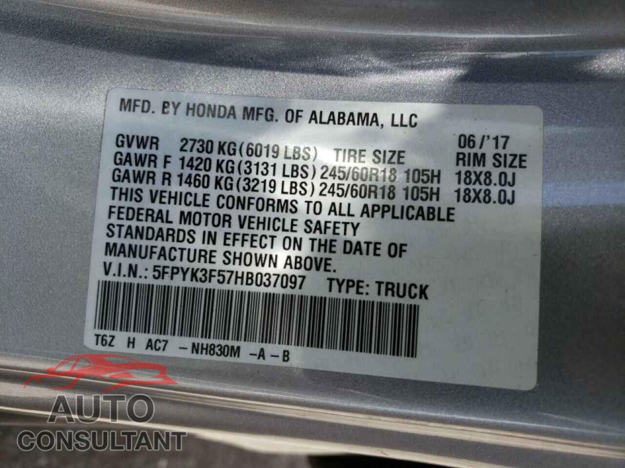 HONDA RIDGELINE 2017 - 5FPYK3F57HB037097