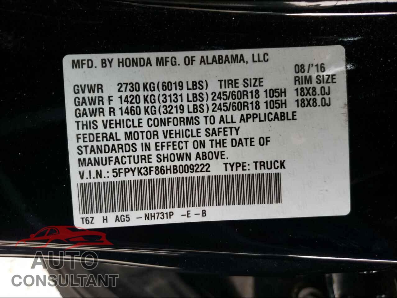 HONDA RIDGELINE 2017 - 5FPYK3F86HB009222