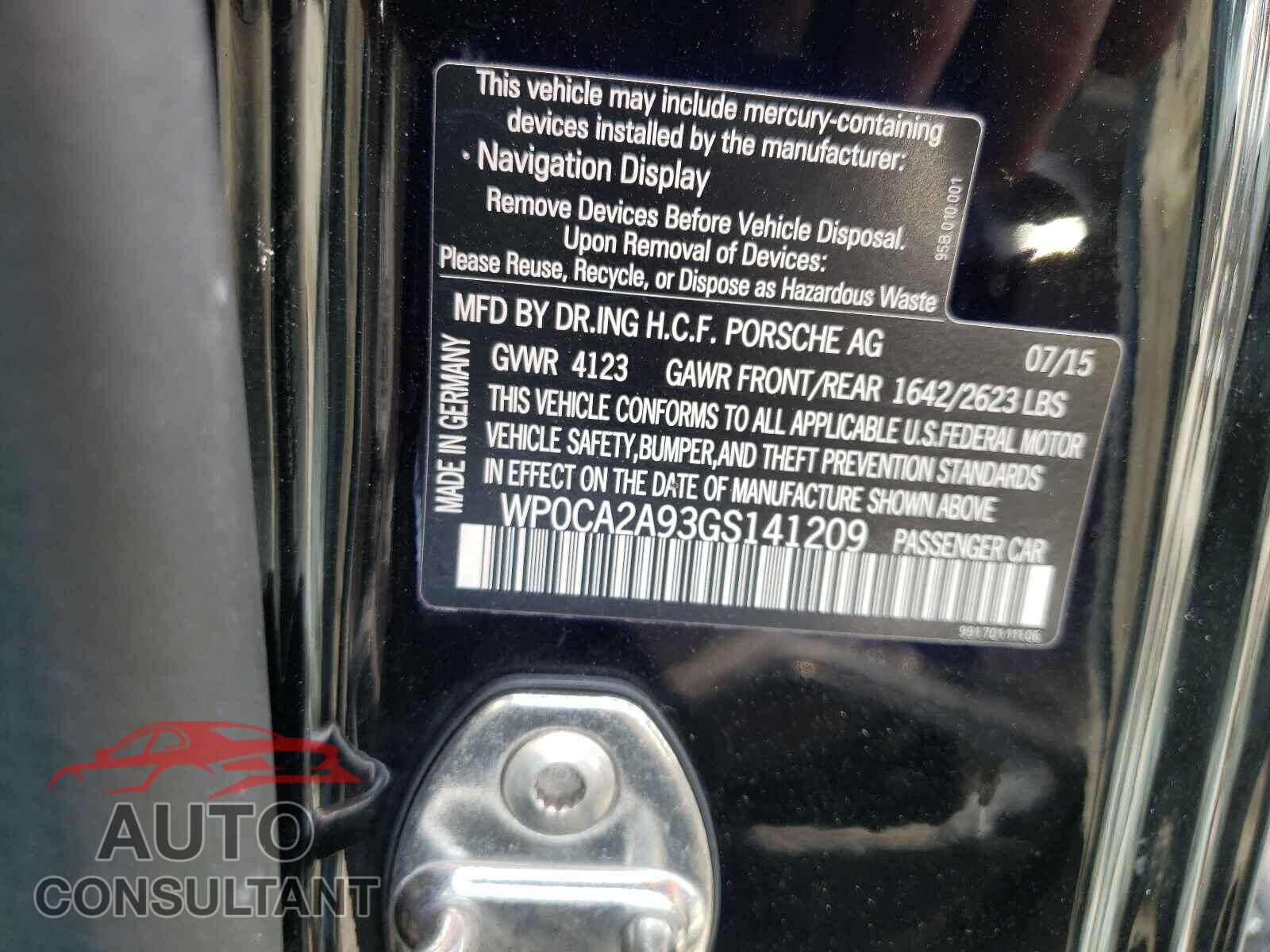 PORSCHE 911 2016 - WP0CA2A93GS141209