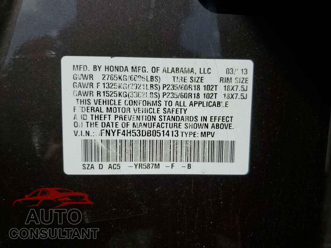 HONDA PILOT 2013 - 5FNYF4H53DB051413