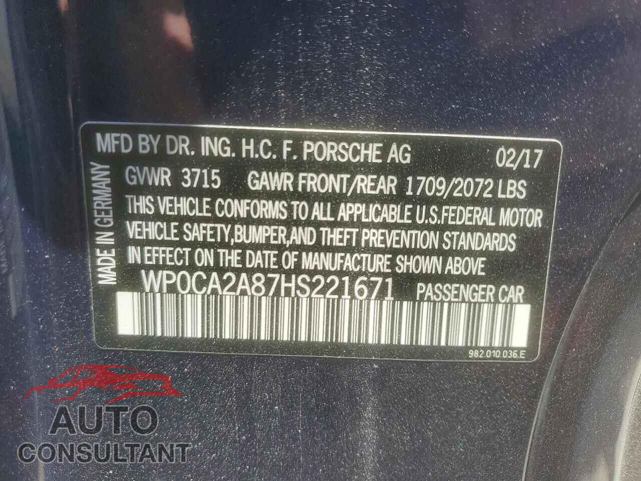 PORSCHE BOXSTER 2017 - WP0CA2A87HS221671