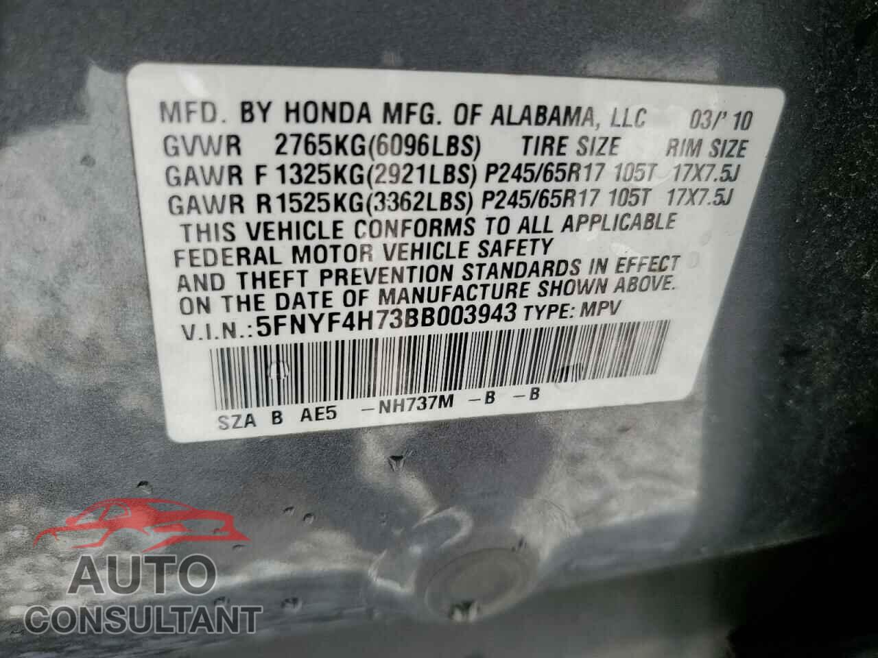 HONDA PILOT 2011 - 5FNYF4H73BB003943