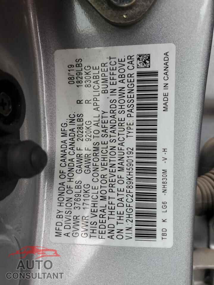 HONDA CIVIC 2019 - 2HGFC2F89KH590192