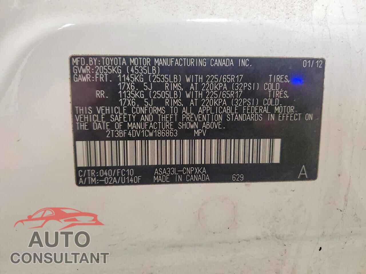 TOYOTA RAV4 2012 - 2T3BF4DV1CW186863