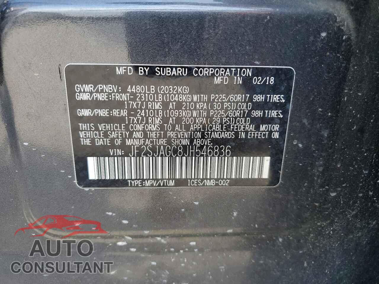 SUBARU FORESTER 2018 - JF2SJAGC8JH546836