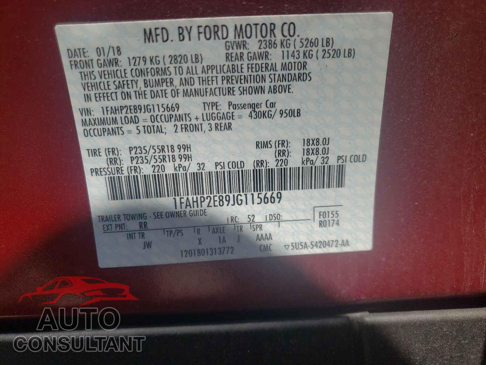 FORD TAURUS 2018 - 1FAHP2E89JG115669