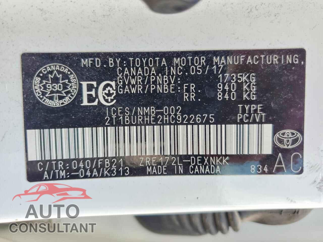 TOYOTA COROLLA 2017 - 2T1BURHE2HC922675