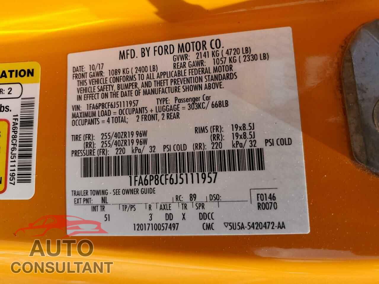 FORD MUSTANG 2018 - 1FA6P8CF6J5111957