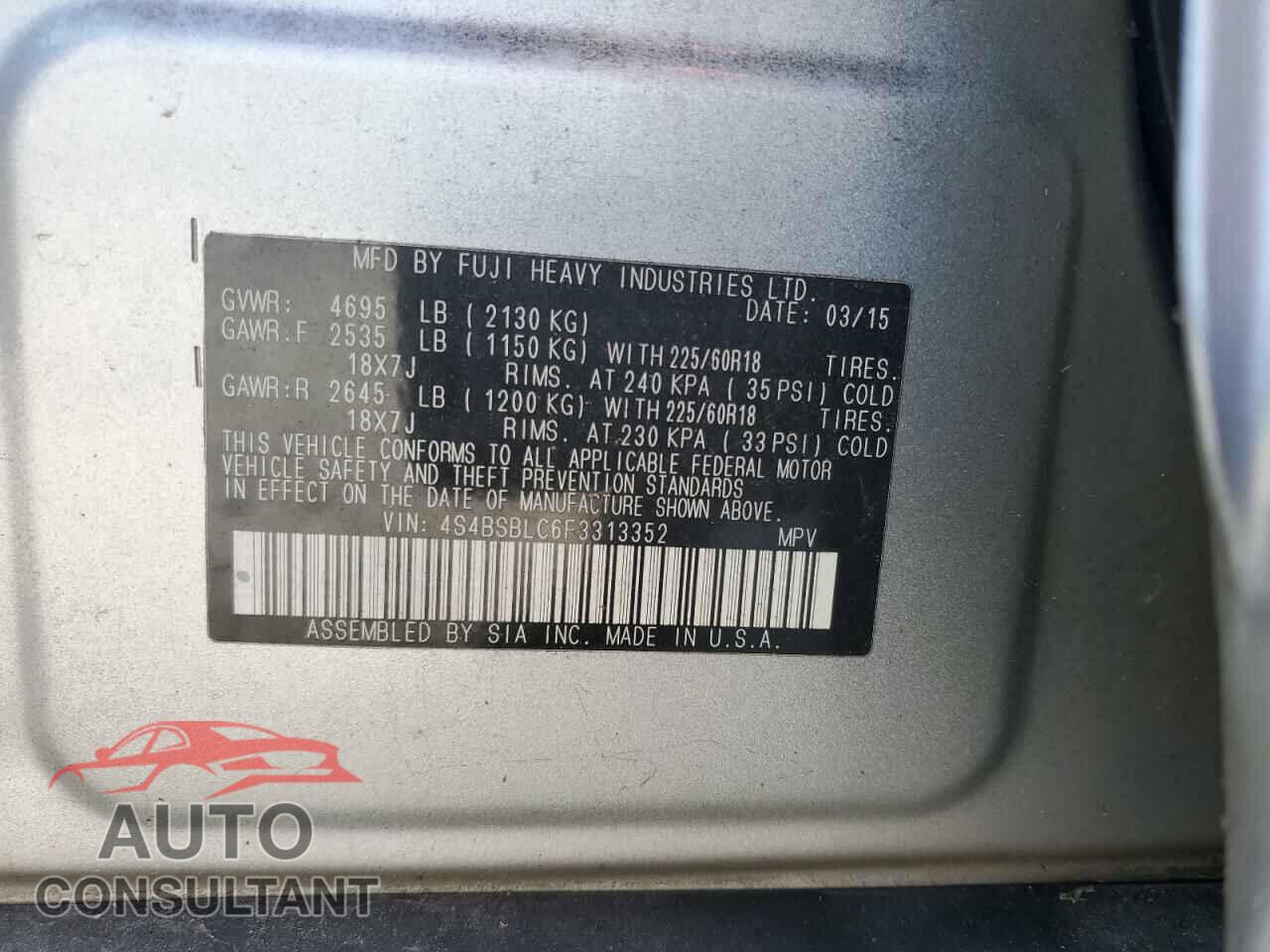 SUBARU OUTBACK 2015 - 4S4BSBLC6F3313352