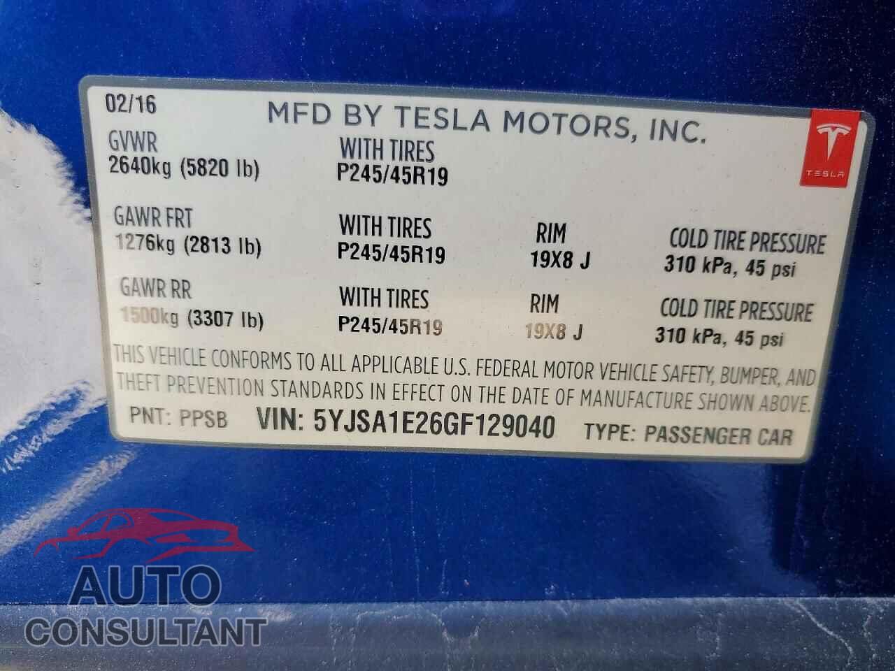 TESLA MODEL S 2016 - 5YJSA1E26GF129040