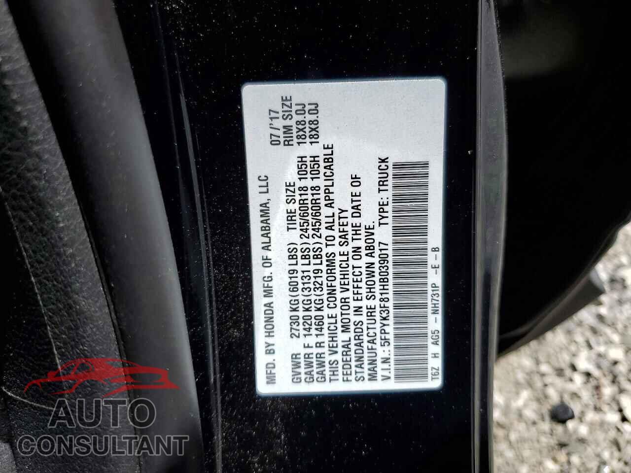 HONDA RIDGELINE 2017 - 5FPYK3F81HB039017